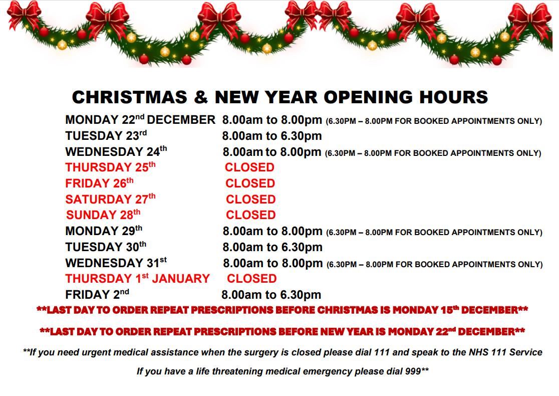 Christmas and New year opening hours